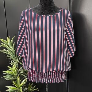 Michael Kors Mid sleeve, vertical stripe, shirred elastic waist, scoop neck top